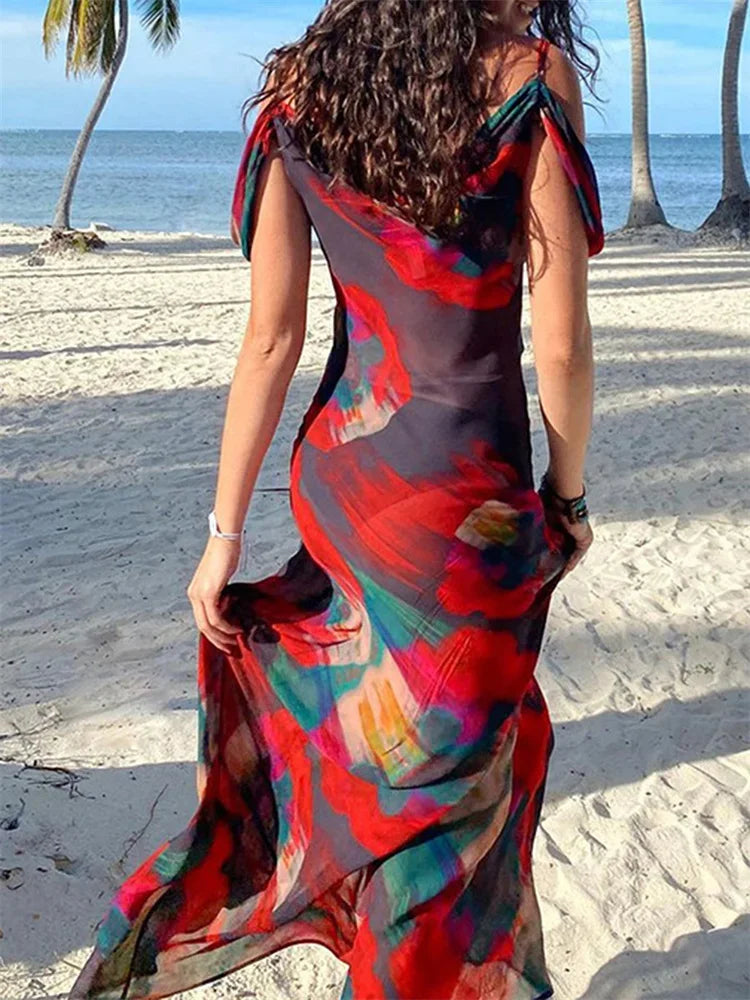 Floral Mesh Off Shoulder Draped Sleeve Bodycon Maxi Dress