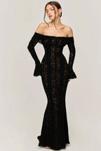 Off Shoulder Floral Lace Bell Sleeve Tie Front Maxi Dress