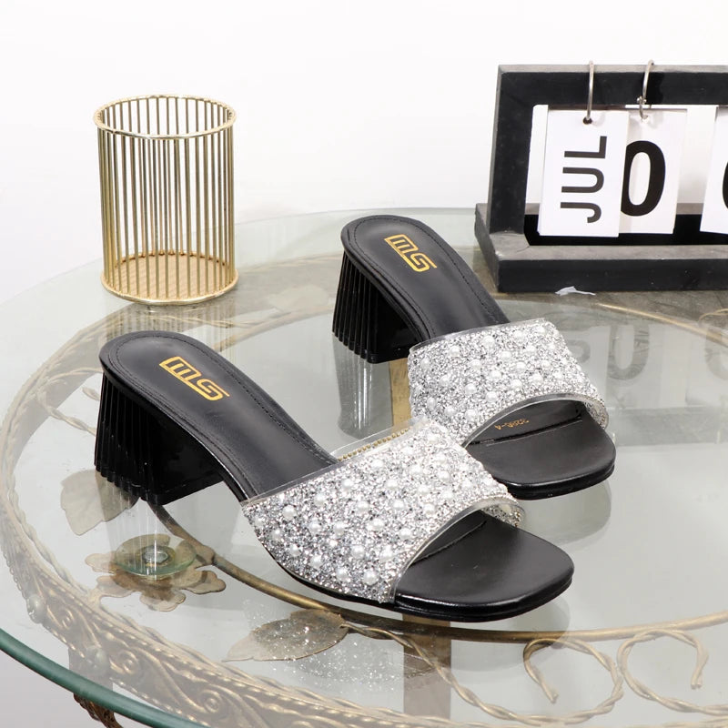 Rhinestone Slippers - Summer Fashion with Thick High Heel for Women