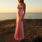 Satin Tie Front Keyhole Spaghetti Strap Maxi Dress