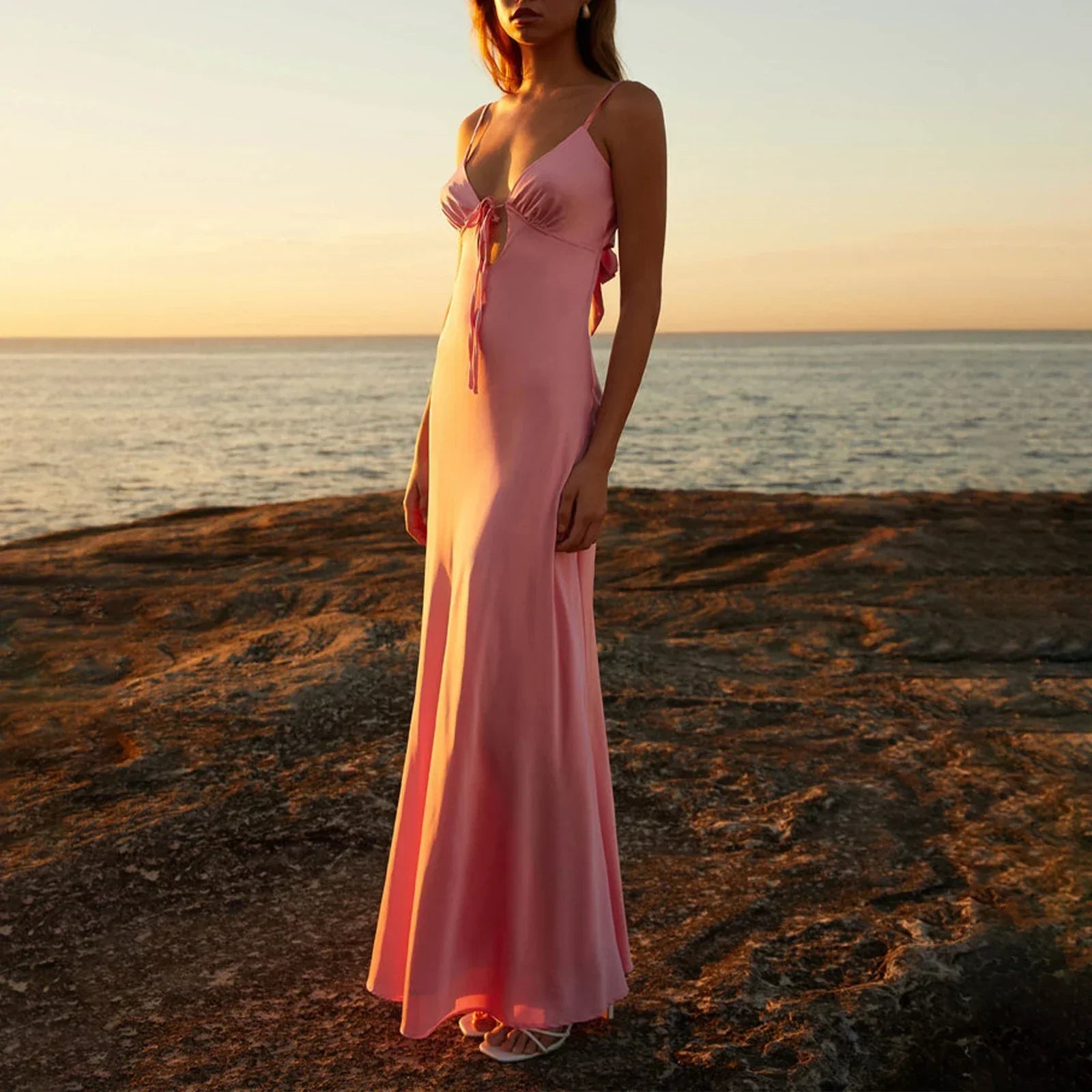 Satin Tie Front Keyhole Spaghetti Strap Maxi Dress
