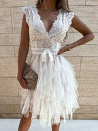 Floral Lace Deep V-Neck Bow Waist Tiered Tulle Skater Mini Dress