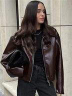 High Street Loose Female PU Coat Casual Zipper Slim High Waist Long Sleeve Patchwork Fashion Clothes Women Autumn Outwear