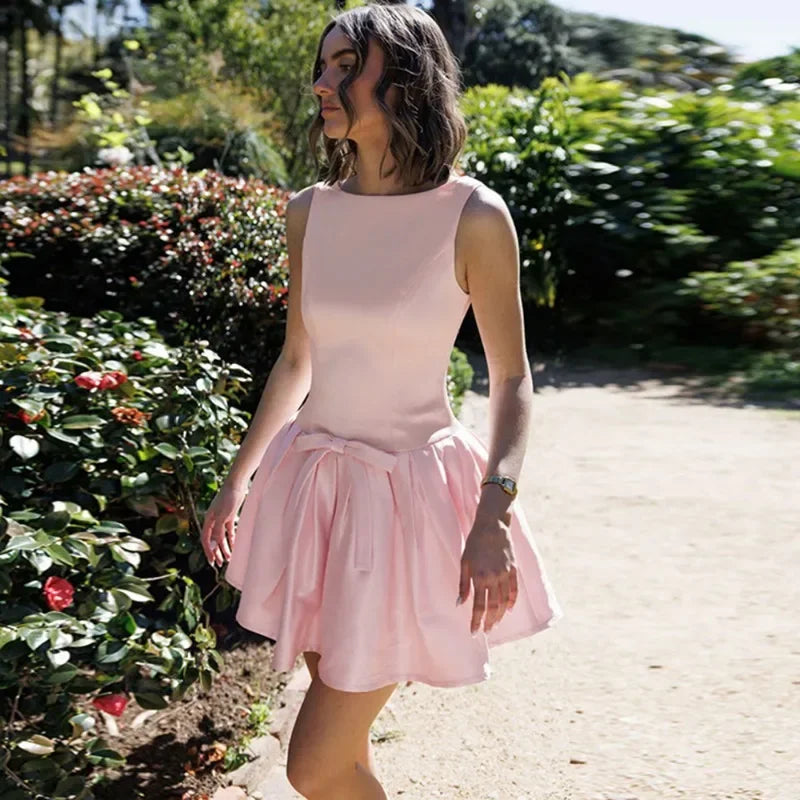Satin Boat Neck Sleeveless Front Bow Waist Pleated Fit and Flare Mini Dress