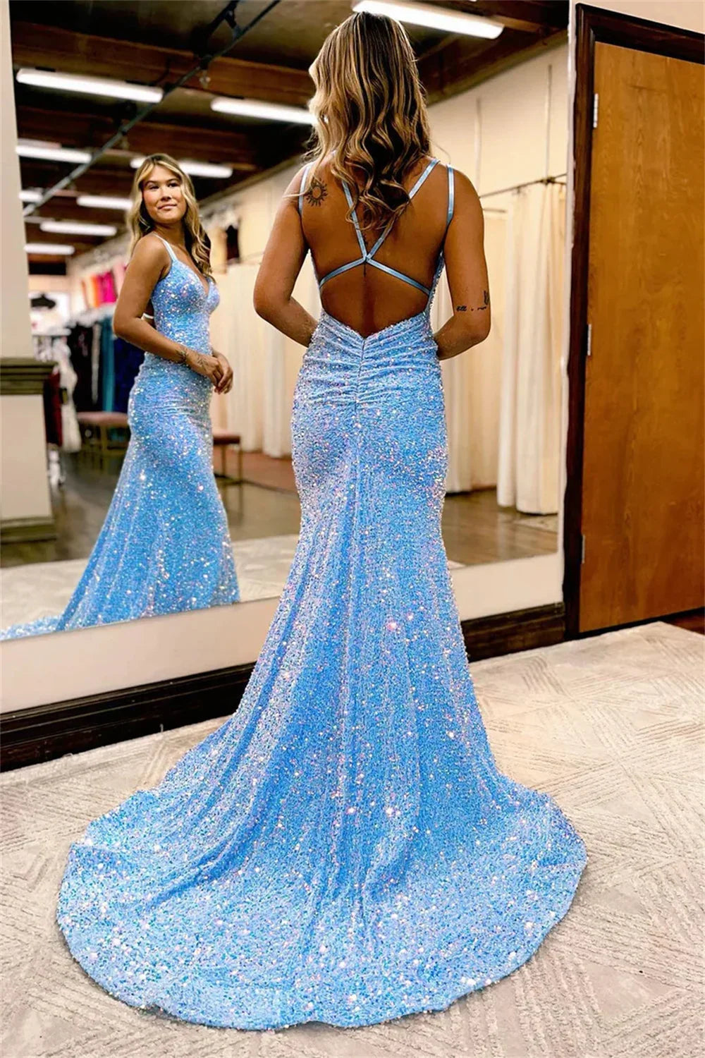 Sequin Criss Cross Back Deep V-Neck Mermaid Maxi Gown