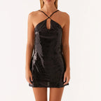 Sequin Halter Ring Keyhole Criss Cross Strap Mini Dress