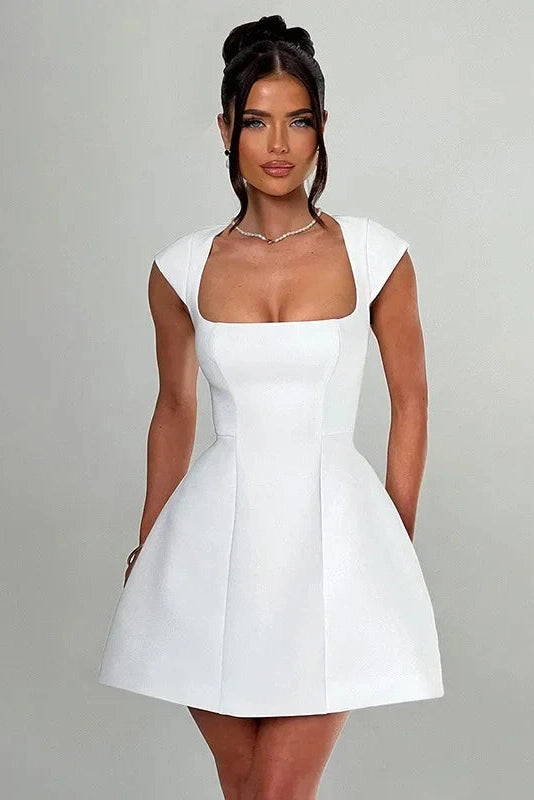 A-Line Mini Dress with Square Collar and Short Sleeves