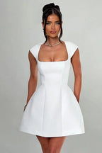 A-Line Mini Dress with Square Collar and Short Sleeves
