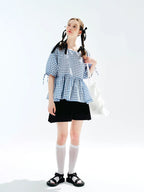 Plaid Lace-up Short Sleeve T-shirt Blouse