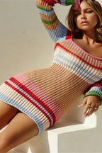 Striped Mini Dress with Knit Hollow Out Detail