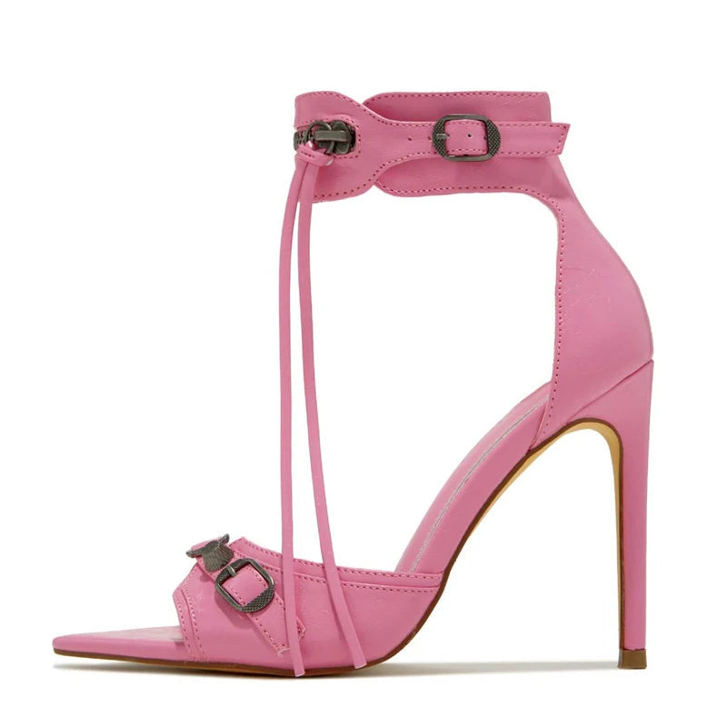 Summer Fashion Zip Tassel Women Sandals with Metal Rivet Buckle, Pointed Open Toe Stripper Heels