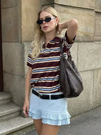 Striped Contrast Short Sleeve T-shirt Women Buttons Turndown Collar Tee Shirt Spring New Streetwear Vintage Chic Top Tees 2025