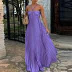 Halter Neck Sunray Pleated Side Cutout Maxi Dress