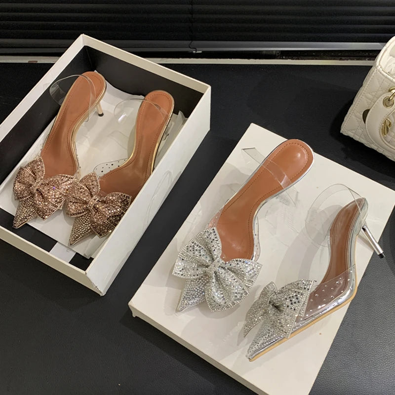 Crystal Bowknot PVC Transparent Women Pumps with Pointed Toe and Low Heels in Champagne Silver