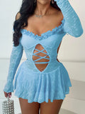 Jacquard Off Shoulder Lace Up Cutout Ruffle Mini Dress