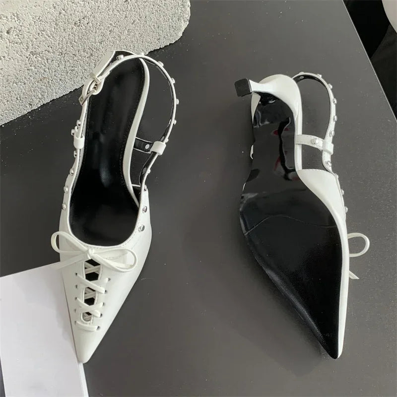Rivets Buckle Strap Women Pumps with Thin Heels for Party or Stripping