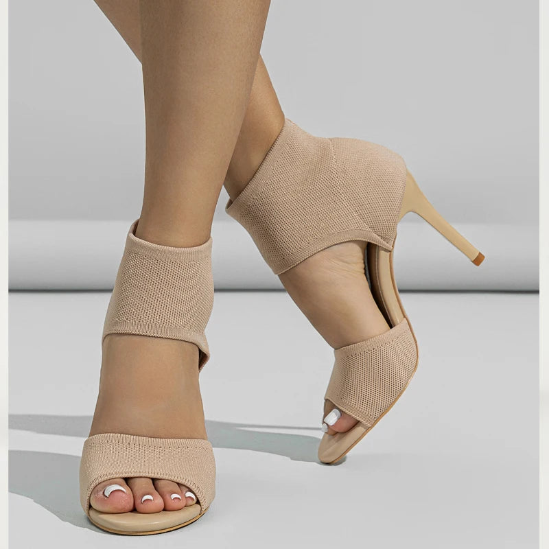 Fashion Ankle Boots Women Comfort Peep Toe Knitted Stretch Stilettos Thin Heels