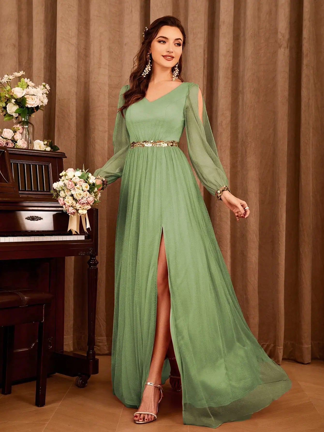 Cold Shoulder Bishop Sleeve Sequin Waist High Slit Chiffon Maxi Gown