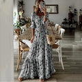 Deep V-Neck Drawstring Waist Tiered Ruffle Abstract Print Maxi Dress