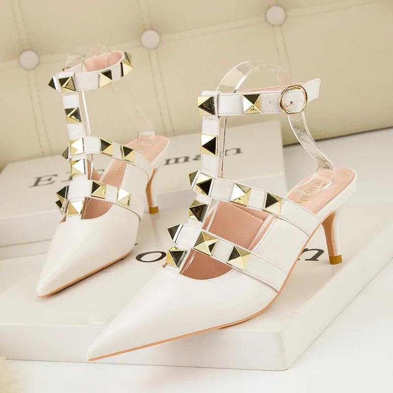 Thin High-heeled Shallow Mouth Pointed Roman Style Metal Rivets Shoes