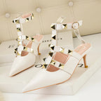 Thin High-heeled Shallow Mouth Pointed Roman Style Metal Rivets Shoes