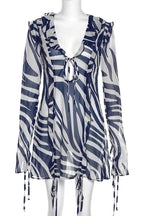 V-Neck Long Sleeve Printed Mini Dress with Slim See-Through Design