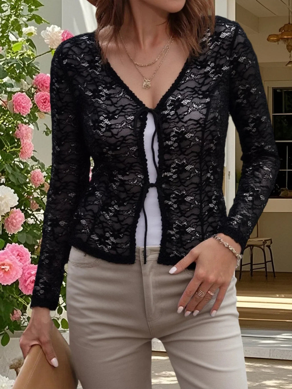 Elegant Lace Trimmed V-Neck Blouse with Tie Front Detail and Long Sleeves - Stylish Women s Shirt for Chic Street Style