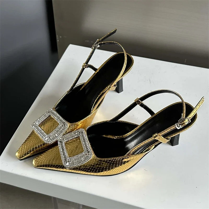 Spring Autumn Women Pumps Designer Pointed Toe Buckle Strap Thin Heels Gold Silver