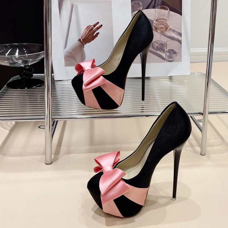 Bowknot Round Toe Platform Pumps for Women Wedding Banquet Shoes