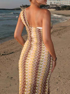 Scallop Pattern One Shoulder Ruffle Strap Bodycon Midi Dress