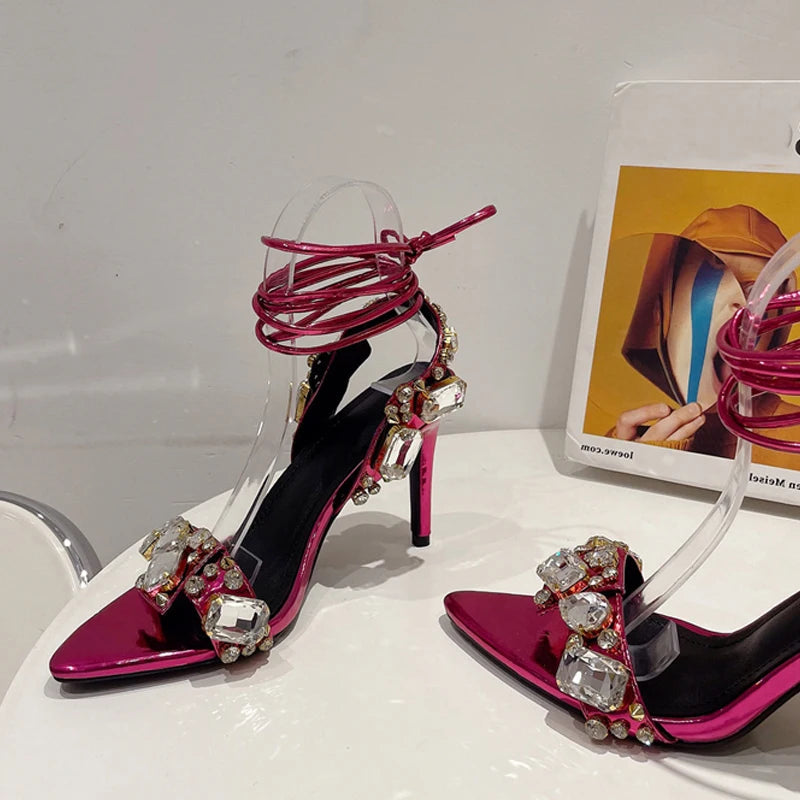 Crystal Diamond Pointed Toe Strappy Heels Women 8.5CM Sandals