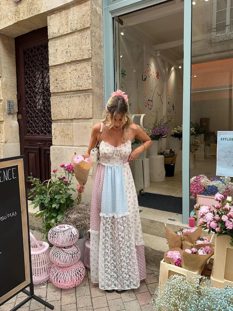 Elegant Print Lace Patchwork Spaghetti Strap Dress Women Halter Backless Sleeveless Dresses Summer Lady Sweet High Street Robe