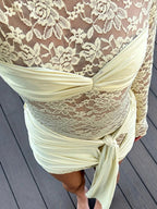 Sheer Floral Lace Long Sleeve Sweetheart Ruched Bust Draped Knot Skirt Mini Dress
