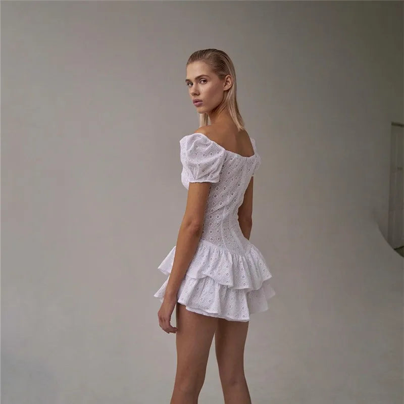 Eyelet Embroidered Sweetheart Puff Sleeve Tiered Ruffle Mini Dress