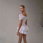 Eyelet Embroidered Sweetheart Puff Sleeve Tiered Ruffle Mini Dress