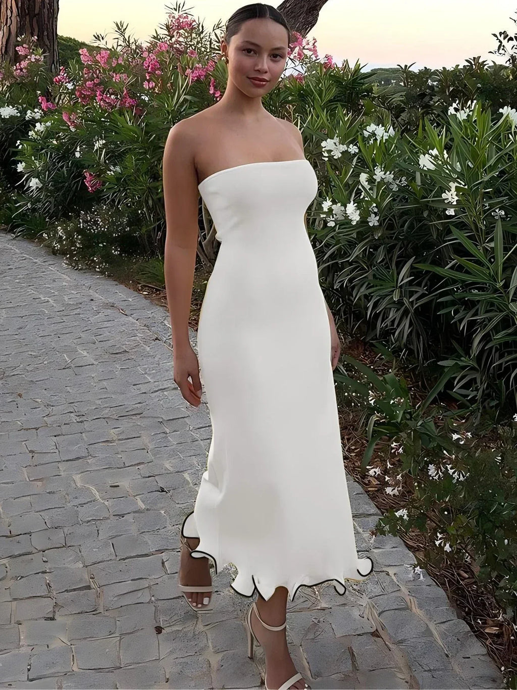 Strapless Tube Ruffle Hem Bodycon Midi Dress