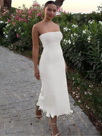 Strapless Tube Ruffle Hem Bodycon Midi Dress
