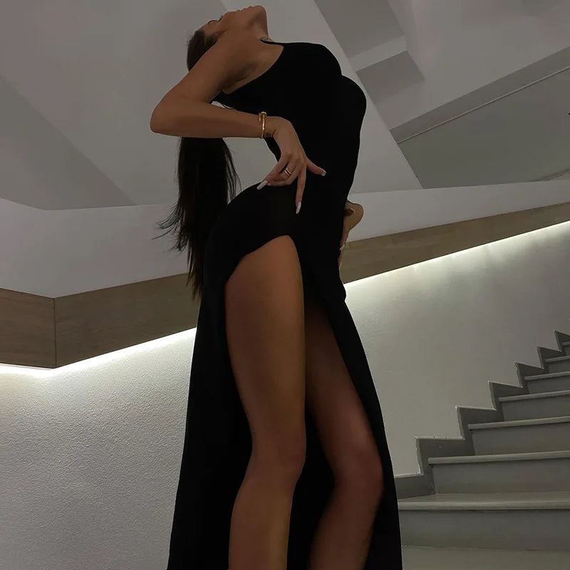 Rib Knit Mock Neck Sleeveless High Split Bodycon Maxi Dress