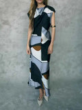 Abstract Geometric Print Cowl Neck Cap Sleeve Column Maxi Dress