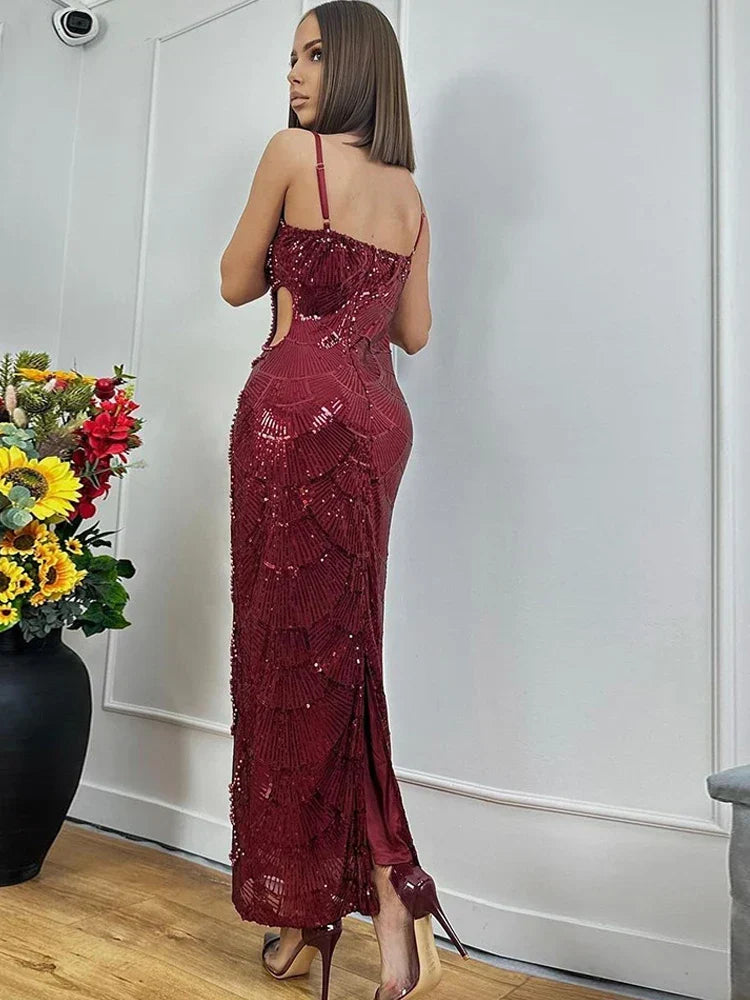 Beaded Scallop Pattern Waist Cutout Sweetheart Mermaid Maxi Gown