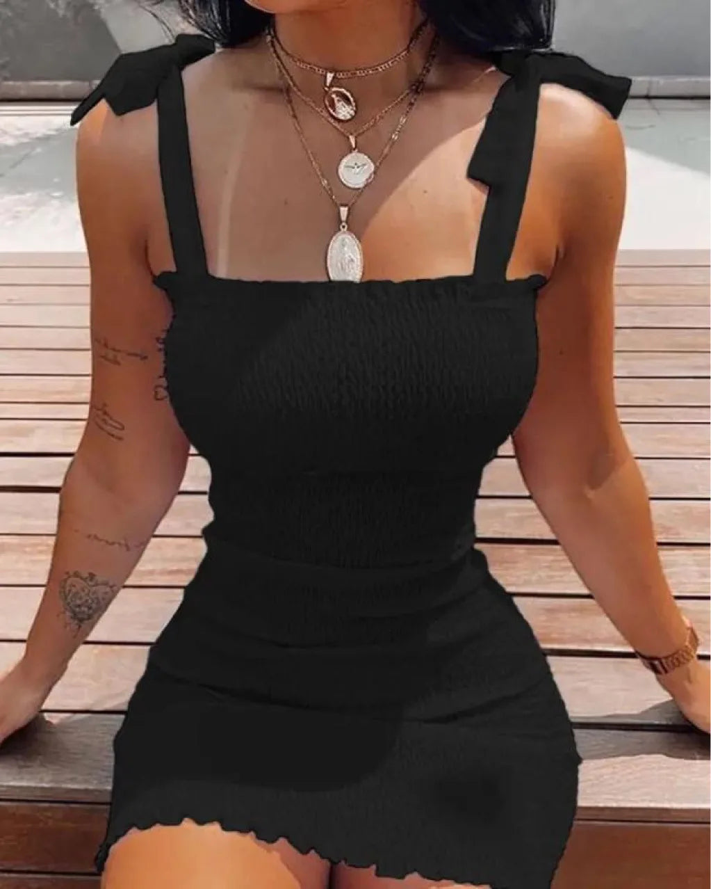 Smocked Square Neck Tie Shoulder Lettuce Hem Bodycon Mini Dress