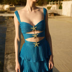 Sweetheart Neck Ruched Bust Starfish Embellished Cutout Accordion Pleat Mini Dress