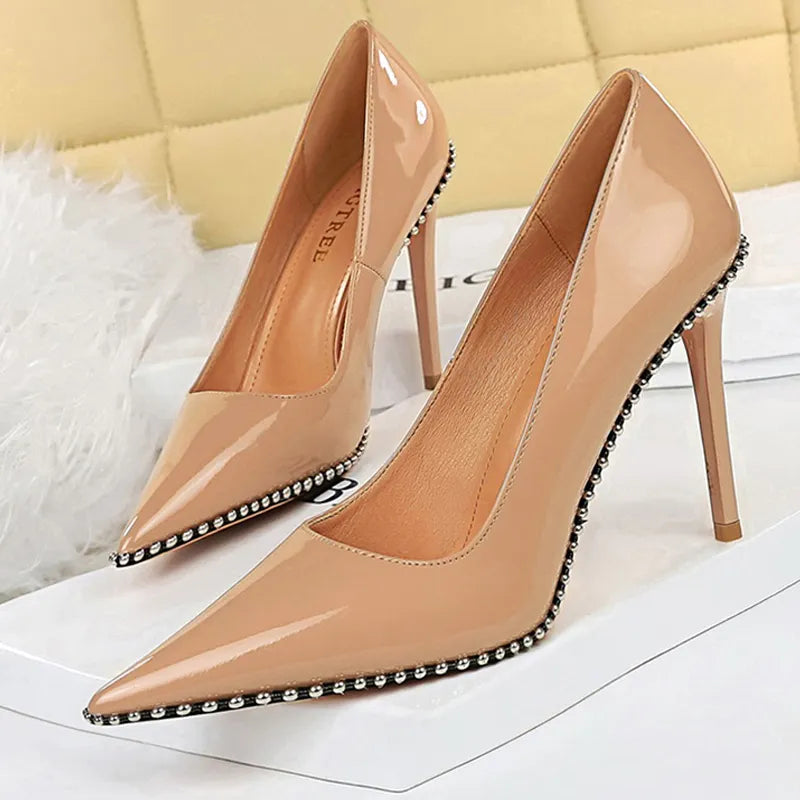 Metal Beads Black Suede High Heel Stiletto Wedding Shoes Women Pumps
