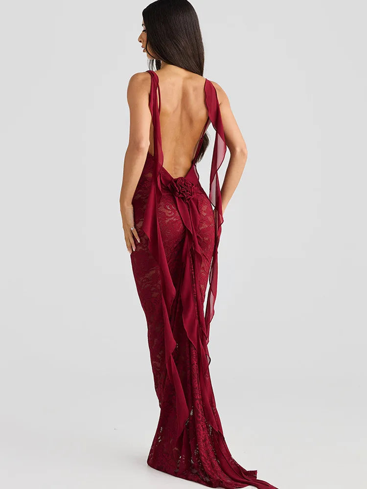 Lace Backless 3D Rosette Ruffle Streamer Midi Dress