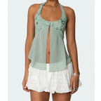 Pearl Embellished Sequins Halter Backless Cami Top