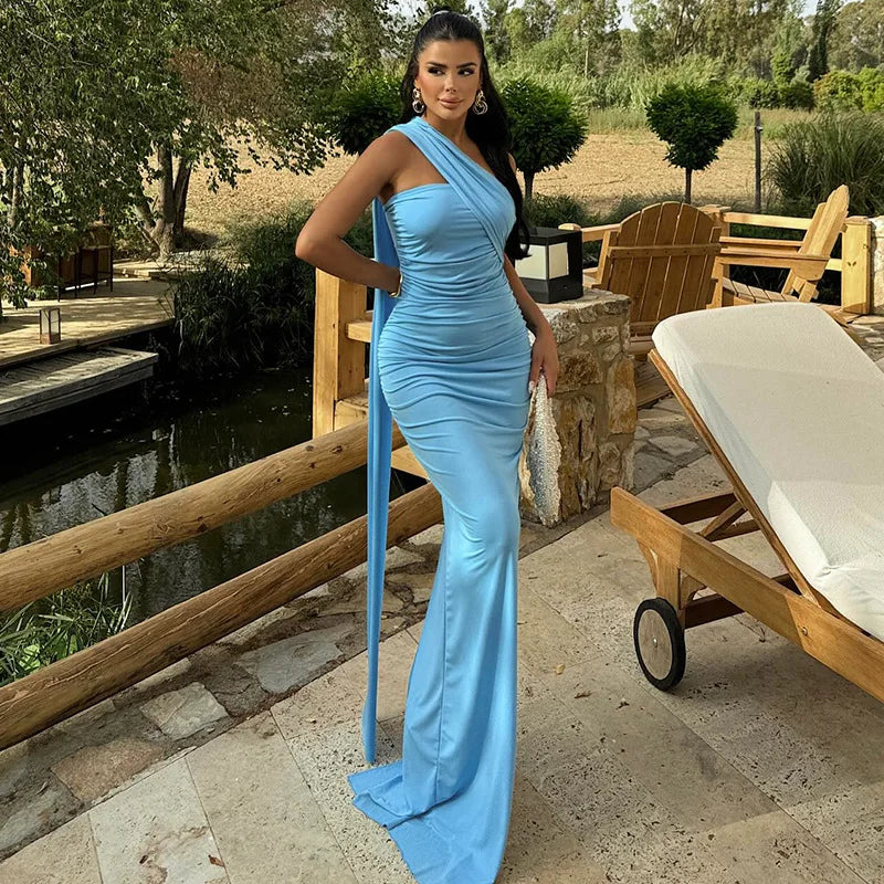 One Shoulder Ruched Bodycon Long Sash Drape Maxi Gown