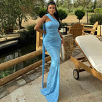 One Shoulder Ruched Bodycon Long Sash Drape Maxi Gown