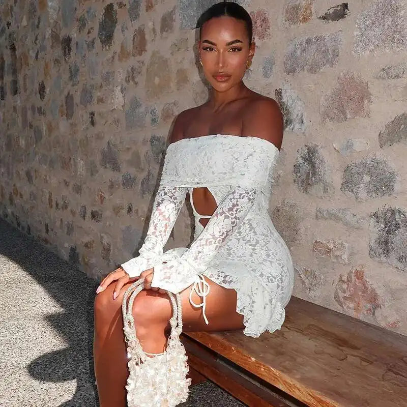 Floral Lace Strapless Sweetheart Neck Tiered Ruffle Hem Bodycon Mini Dress