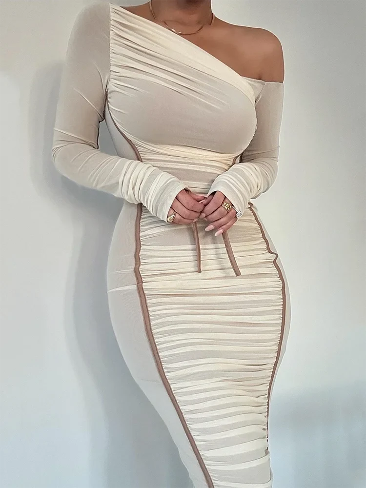 Asymmetric Off Shoulder Ruched Panel Bodycon Midi Dress