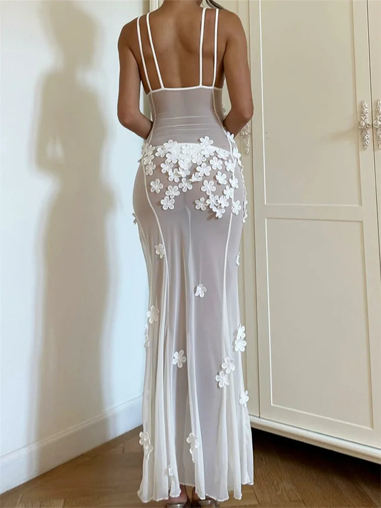 Floral Print Mesh Insert Spaghetti Strap High Split Maxi Dress